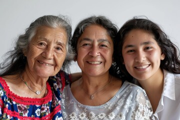 Latin grandmother  daughter and daughter smiling on a white background