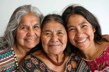 Latin grandmother  daughter and daughter smiling on a white background