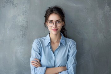 Confident woman in glasses poses against grey background.