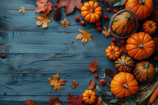 thanksgiving banner with pumpkins, cornucopia, and autumn leaves on a rustic wooden table evoking the festive spirit of the holiday