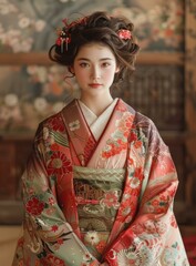 Young Asian Woman Wearing Traditional Japanese Kimono