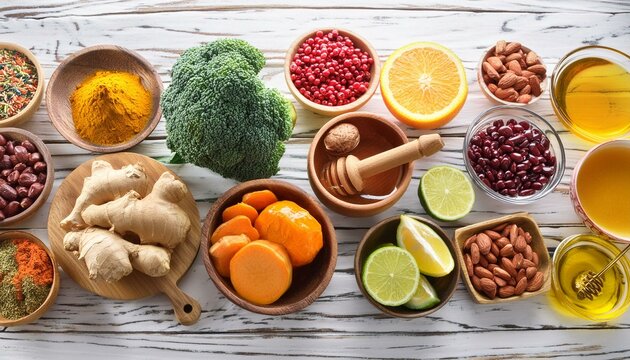 Immune-boosting food items like broccoli, citrus fruits, honey, ginger, lemon, garlic, goji