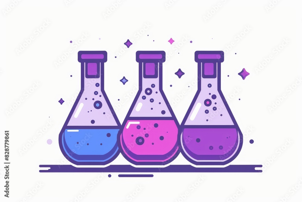 Poster trio of colorful potion bottles with magical liquids in a minimalist vector illustration on a white 