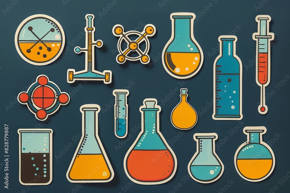 Poster Collection of colorful scientific and laboratory elements in a playful vector illustration on a teal background, emphasizing creativity and research