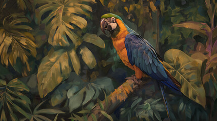 Oil painting on canvas with parrot pattern.