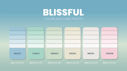 Color palette guide in Blissful colour theme collections. Color inspiration or chart with codes template. Color combination RGB. Colors swatches for graphic design, art, fashion or painting. Vector.