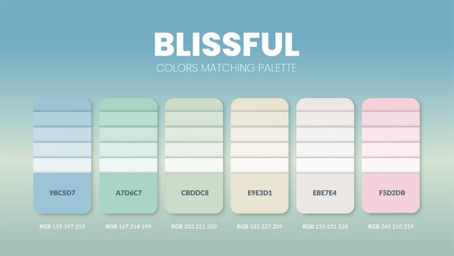 Color palette guide in Blissful colour theme collections. Color inspiration or chart with codes template. Color combination RGB. Colors swatches for graphic design, art, fashion or painting. Vector.
