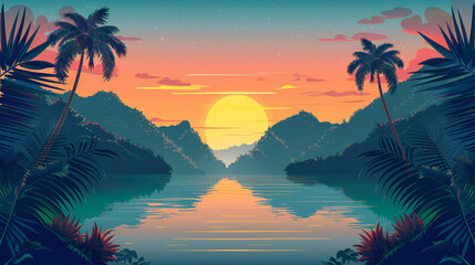 Vector illustration of Tropical jungle in sunset background