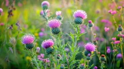 Fototapeta premium Thistle Field Cirsium arvense flourishing amongst wild herbs
