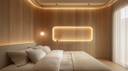 Minimalist nightstand with a built-in lamp beside a bed