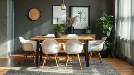 Minimalist sideboard with a wooden finish and metal legs in a dining room