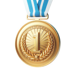 Gold medal with ribbon isolated on white transparent. Sport athlete winner award, first place