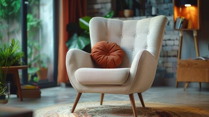 Modern armchair with wooden legs and fabric upholstery in a cozy living room
