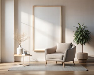 A white room with a large framed picture on the wall and a chair in front of it