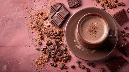 Cup of hot chocolate, chocolate pieces, roasted cocoa beans and coffee beans, sprinkled cocoa pink...