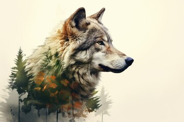 Majestic portrait of a wolf with a double exposure of a forest.