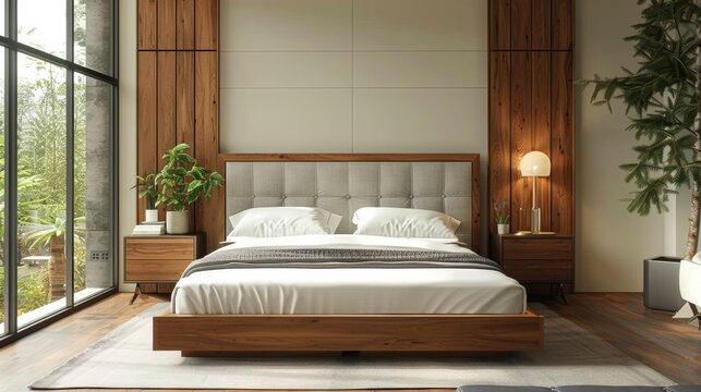 Modern bed frame with a storage headboard in a minimalist bedroom