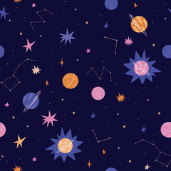 Fototapeta premium Cosmos and planets - seamless vector pattern