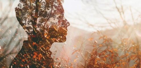 The photo shows a silhouette of a person's head and shoulders, made up of a double exposure of a forest and a person's face.