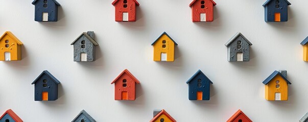 Pattern of small house models on white background, minimalistic, repeating design, isolated, copy space