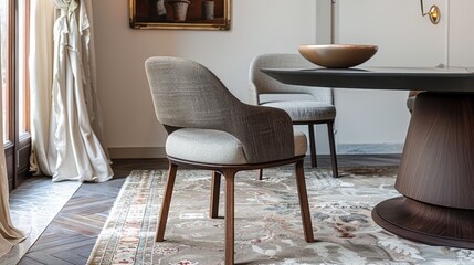 Modern dining chair with a wooden frame and fabric seat in a stylish dining room