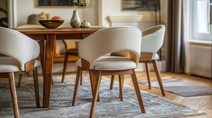 Modern dining chair with a wooden frame and fabric seat in a stylish dining room