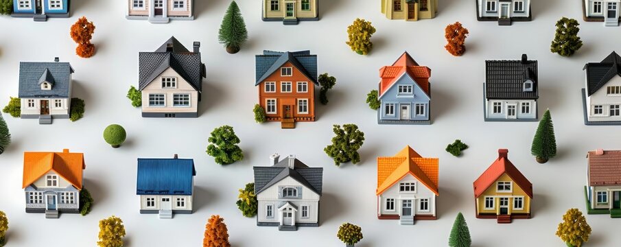 Pattern of miniature house models on isolated white background, minimalistic design, repeating pattern, copy space
