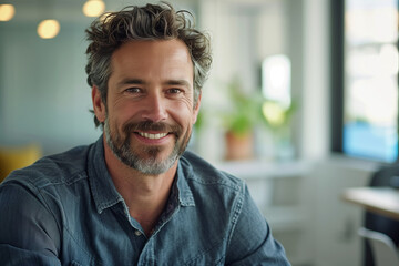Naklejka premium portrait of a handsome business casual man in his forties smiling and working in a modern office