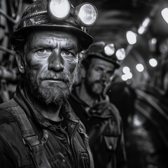 Coal mine interior, miners working with headlamps, dark and gritty, closeup, harsh lighting, raw industrial energy, monochrome tones