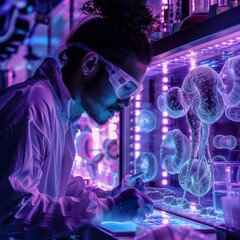 Scientist examining a futuristic glowing plant in a laboratory