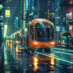 The autonomous electric bus drives through the night city.