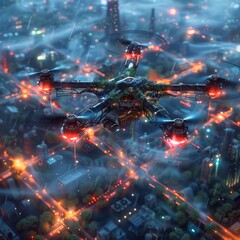 The drone flies over the night city.