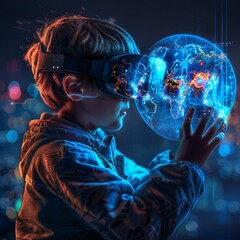 The boy is wearing a VR headset and looking at a glowing globe
