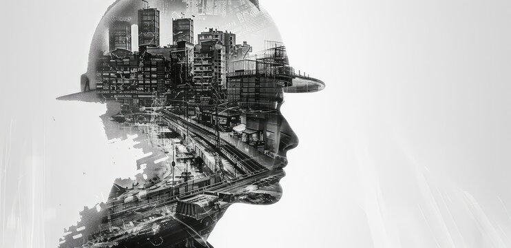 Black and white double exposure portrait of young male engineer with cityscape. Concept of creativity and inspiration in engineering.