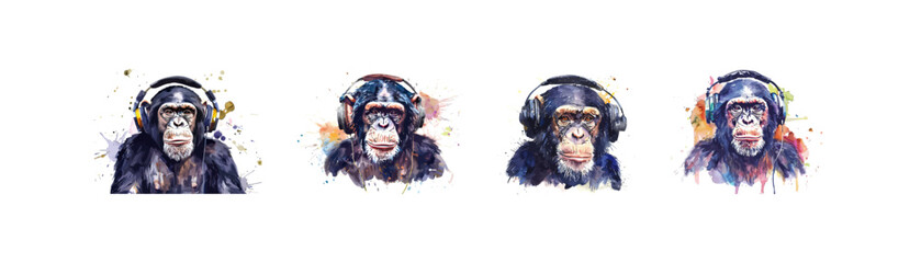 Watercolor Series of Chimpanzees with Headphones. Vector illustration design.