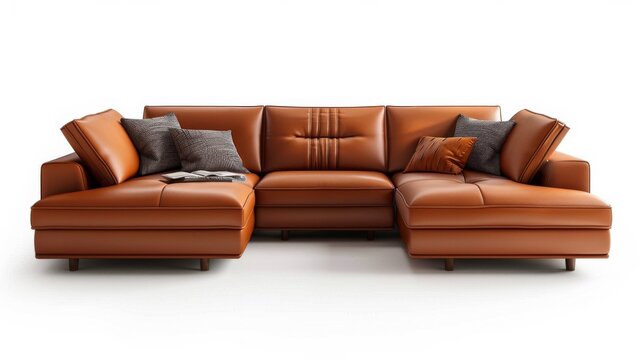 Modern leather sectional sofa, isolated on a white studio background
