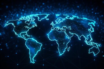 Futuristic digital map of the world with bright blue nodes and lines, representing global cyber networks, dark and sophisticated background, emphasis on technology and data visualization