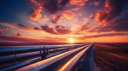 Obraz premium A vast oil pipeline network stretching into the distance under a stunning sunset, vibrant sky with orange and pink hues, industrial setting, emphasis on energy infrastructure and transportation