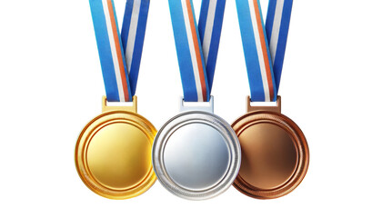 Gold, silver and bronze medals, sport athlete winners award with ribbons isolated on white transparent. 