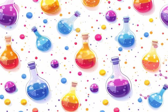 Whimsical vector illustration of colorful potion bottles on a white background, emphasizing magical and fantasy themes with a vibrant design