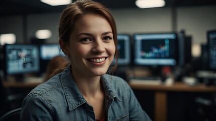 Fototapeta premium Smiling Female Software Developer leading a project meeting in tech business office