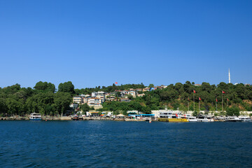 Turquoise blue sea water. View of the Bosphorus in Istanbul city on sunny summer day, in a public...