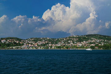 Turquoise blue sea water. View of the Bosphorus in Istanbul city on sunny summer day, in a public...