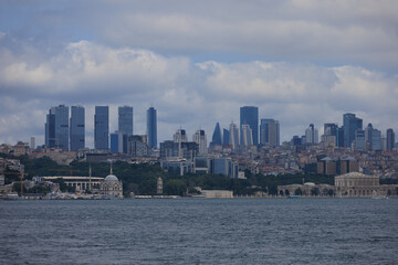 Turquoise blue sea water. View of the Bosphorus in Istanbul city on sunny summer day, in a public...