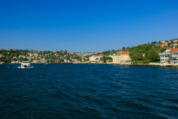 Turquoise blue sea water. View of the Bosphorus in Istanbul city on sunny summer day, in a public...