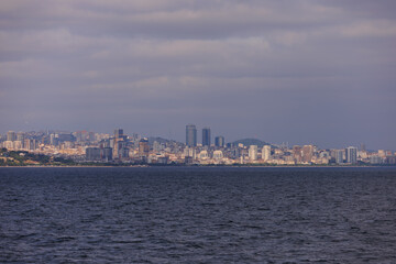 Turquoise blue sea water. View of the Bosphorus in Istanbul city on sunny summer day, in a public place.
