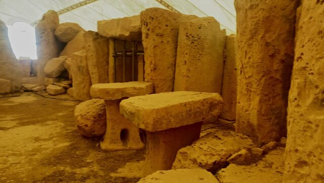Temple structure, Hagar Qim megalithic temple complex ruins in Qrendi, on the Mediterranean island of Malta, dating from the Ggantija phase. High quality 4k footage