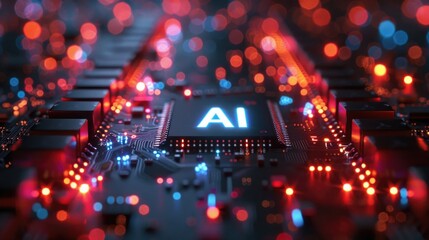 closeup of red lines glowing PCB chip of computer motherboard or laptop bokeh background