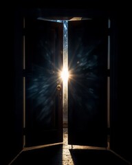 Door slightly ajar close up, focus on, copy space clear and mysterious Double exposure silhouette with a keyhole