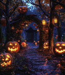 Halloween Pumpkin Lanterns in Dark Forest